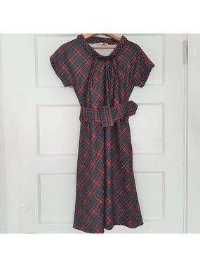 Mary Jane Italy Indie Designer Red Plaid Belted Vintage Inspired Wool Dress